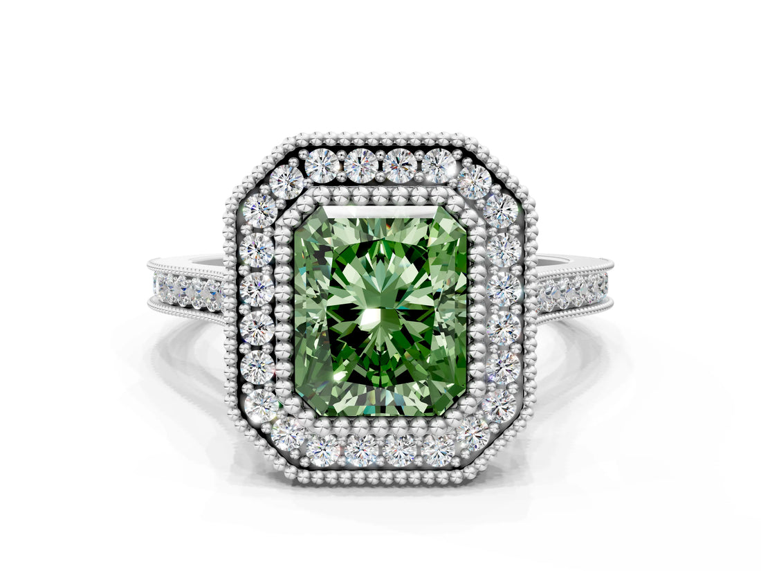 White gold Fancy Green Radiant  Diamond Halo Ring with Milgrain Frame and Pavé Band_60