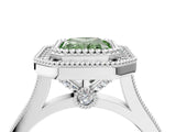 White gold Fancy Green Radiant  Diamond Halo Ring with Milgrain Frame and Pavé Band_63