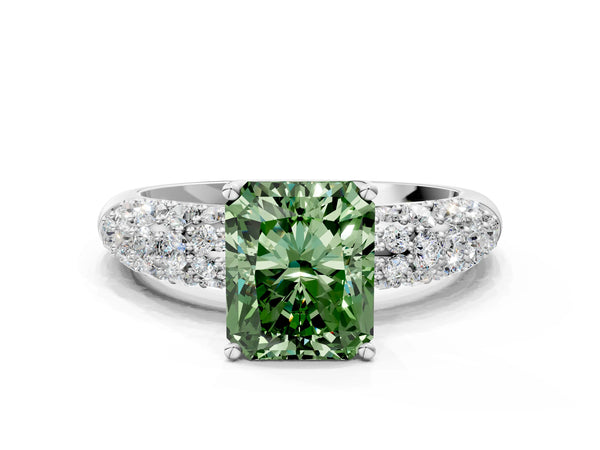 White gold Fancy Green Radiant  Diamond Pavé Band Solitaire Ring with Four-Prong Setting