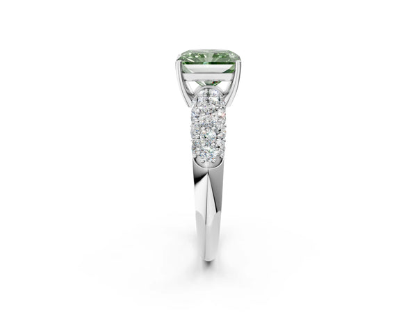 White gold Fancy Green Radiant  Diamond Pavé Band Solitaire Ring with Four-Prong Setting