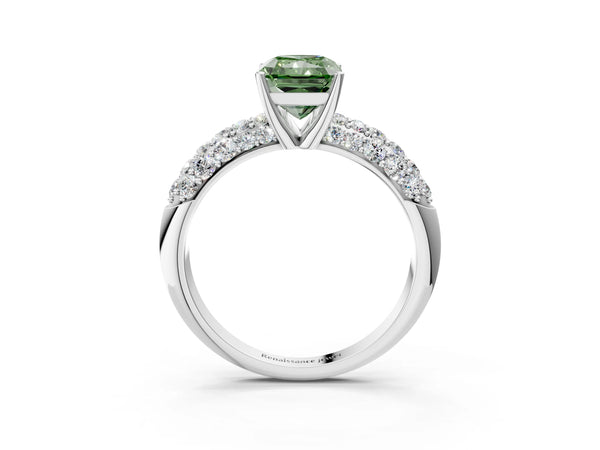 White gold Fancy Green Radiant  Diamond Pavé Band Solitaire Ring with Four-Prong Setting