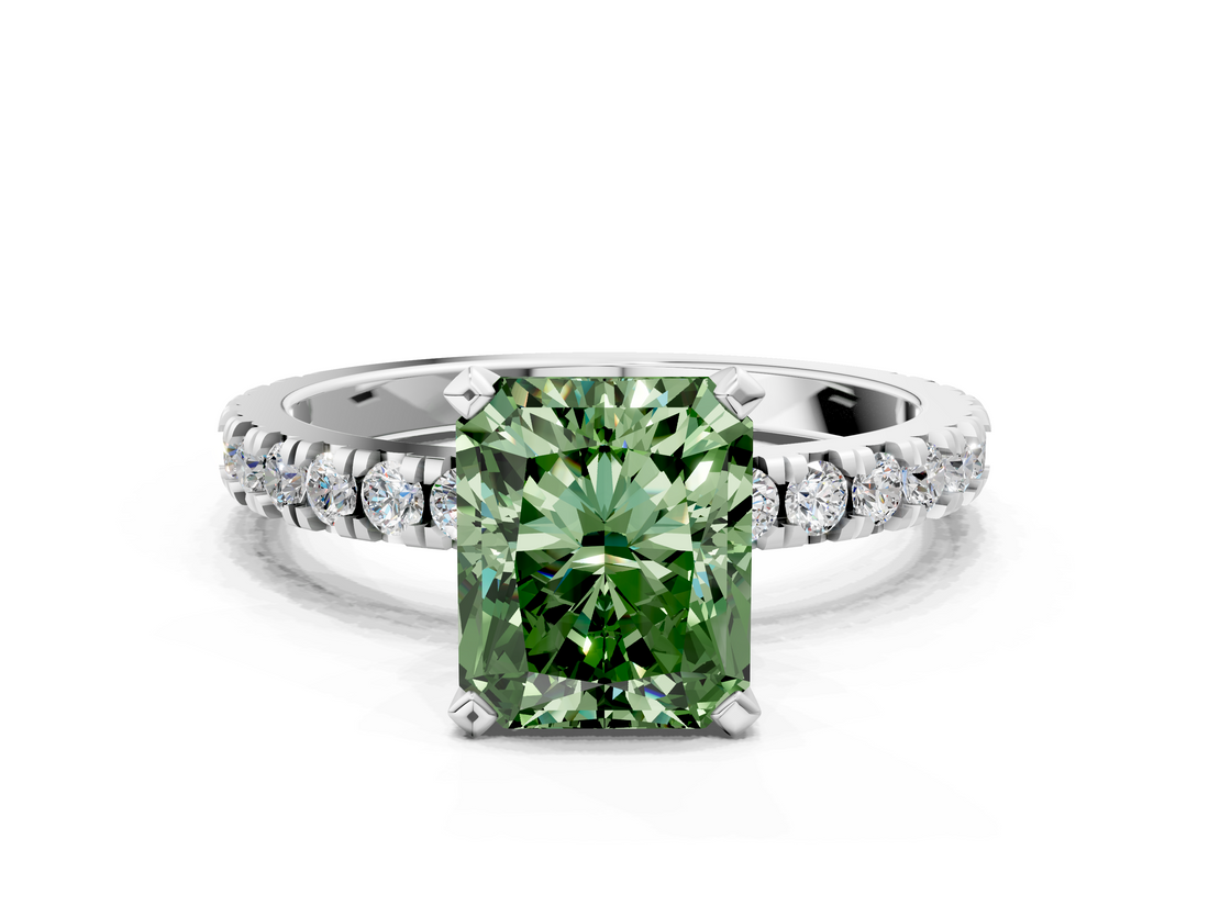 White gold Fancy Green Radiant  Diamond Pavé Band Solitaire with Four-Prong Setting_199
