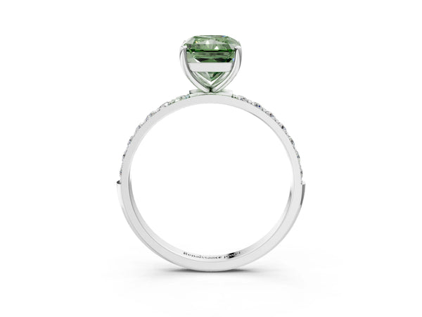 White gold Fancy Green Radiant  Diamond Pavé Band with Six-Prong Setting