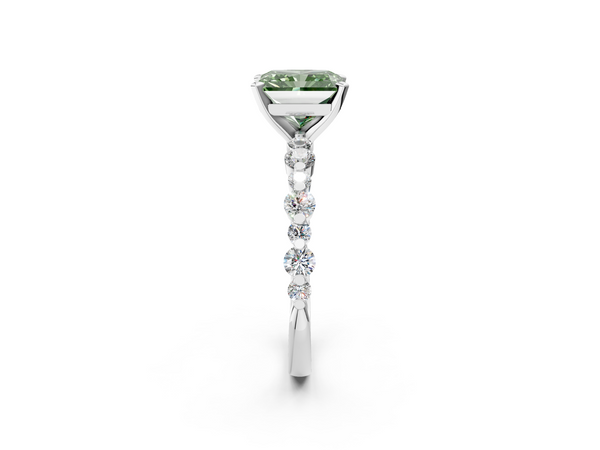 White gold Fancy Green Radiant Cut Diamond Prong Set Engagement Ring with Pavé Band