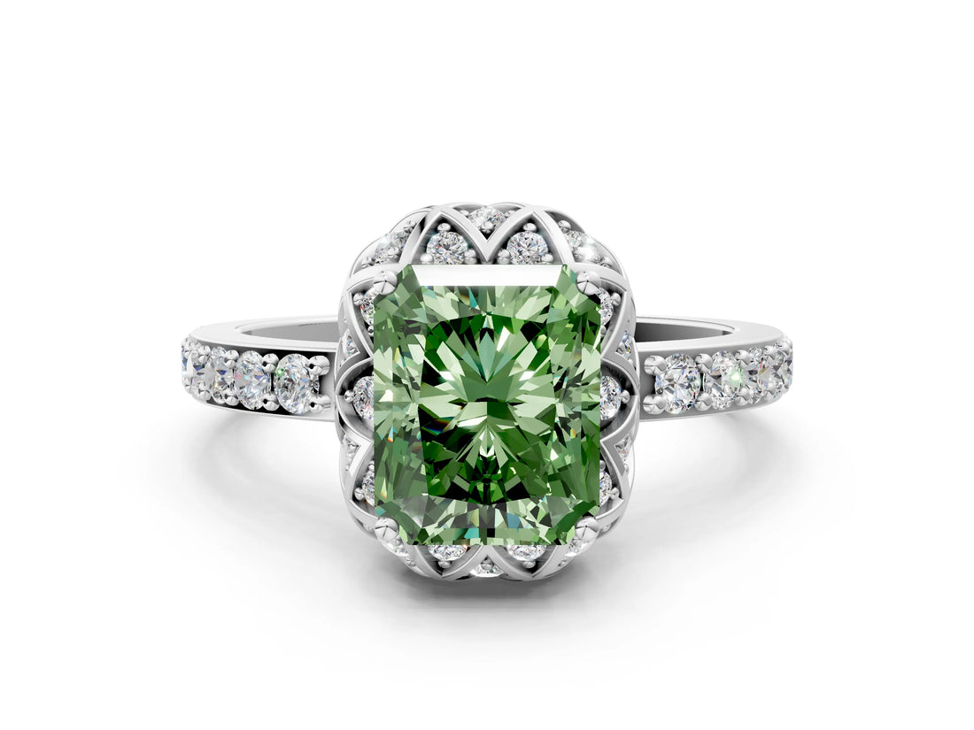 White gold Fancy Green Radiant  Diamond Solitaire Ring with Shared Prong Pavé Band_12