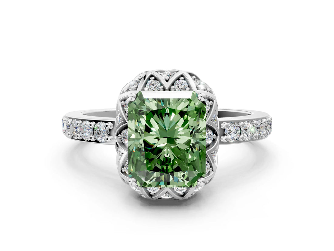 White gold Fancy Green Radiant  Diamond Solitaire Ring with Shared Prong Pavé Band_79