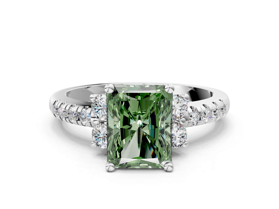 White gold Fancy Green Radiant  Diamond Three-Stone Pave Band with Four-Prong Setting_20