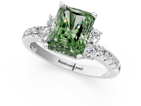 White gold Fancy Green Radiant  Diamond Three-Stone Pave Band with Four-Prong Setting