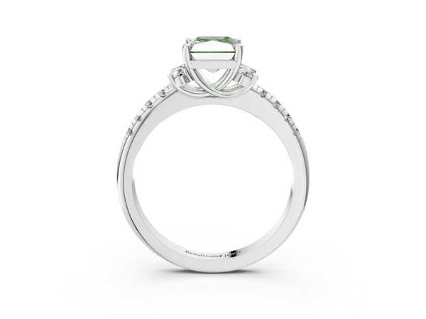 White gold Fancy Green Radiant  Diamond Three-Stone Pave Band with Four-Prong Setting