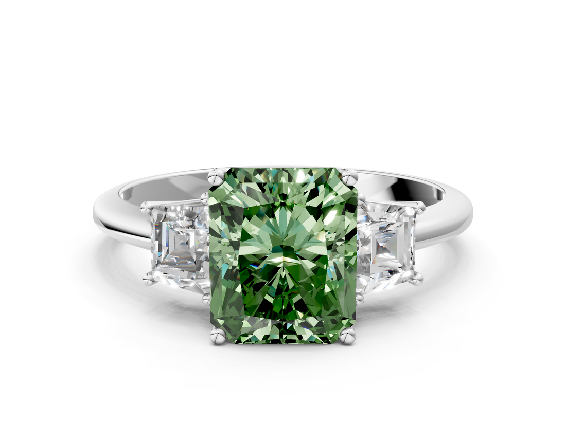 White gold Fancy Green Radiant  Diamond Three-Stone Ring with Trapezoid Side Stones and Prong Setting_17