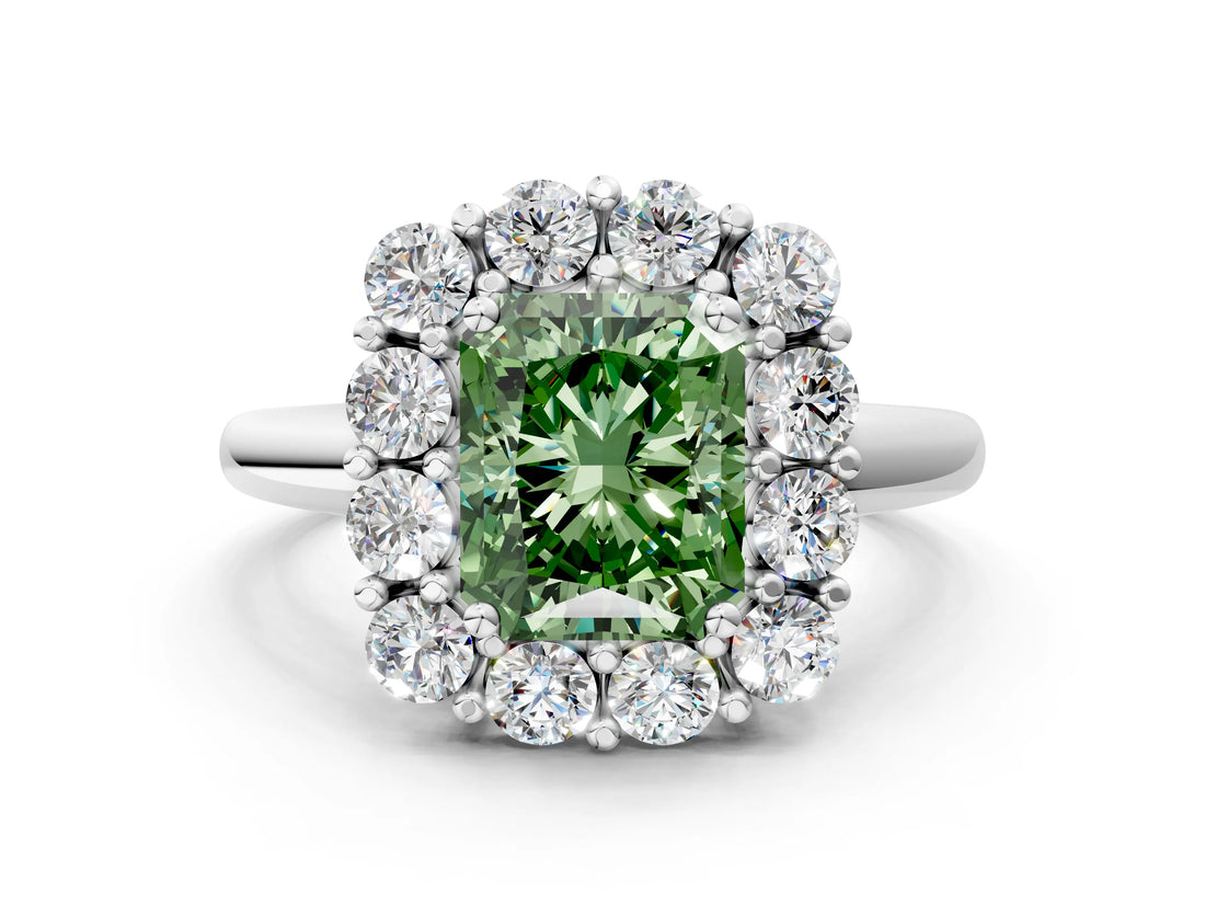 White gold Fancy Green Radiant  Halo Cluster Diamond Engagement Ring with Prong Setting and Polished Band_75