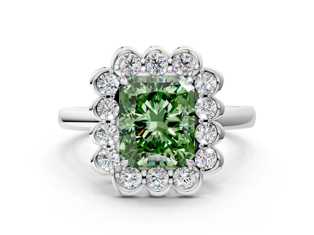 White gold Fancy Green Radiant  Halo Cluster Diamond Engagement Ring with Solitaire Band and Prong Setting_82