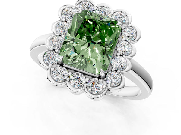 Platinum Fancy Green Radiant  Halo Cluster Diamond Engagement Ring with Solitaire Band and Prong Setting