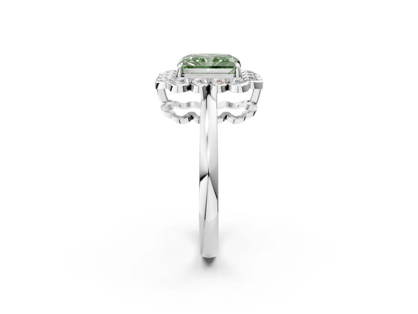 Platinum Fancy Green Radiant  Halo Cluster Diamond Engagement Ring with Solitaire Band and Prong Setting