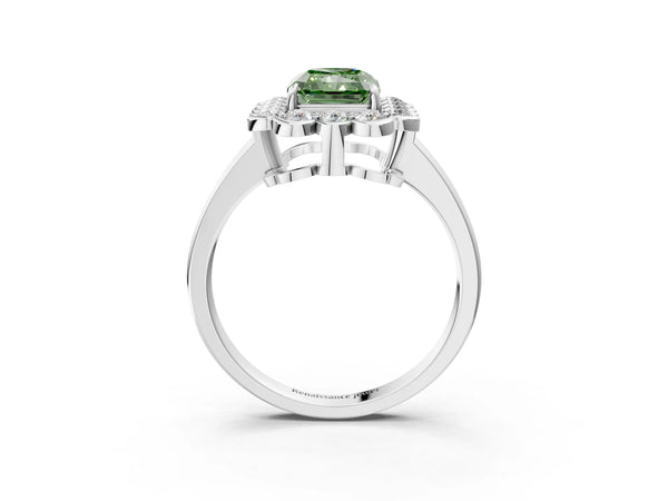 Platinum Fancy Green Radiant  Halo Cluster Diamond Engagement Ring with Solitaire Band and Prong Setting