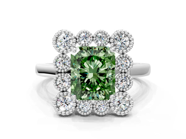 Platinum Fancy Green Radiant  Halo Diamond Cluster Engagement Ring with Milgrain Bezel Setting and Solitaire Band