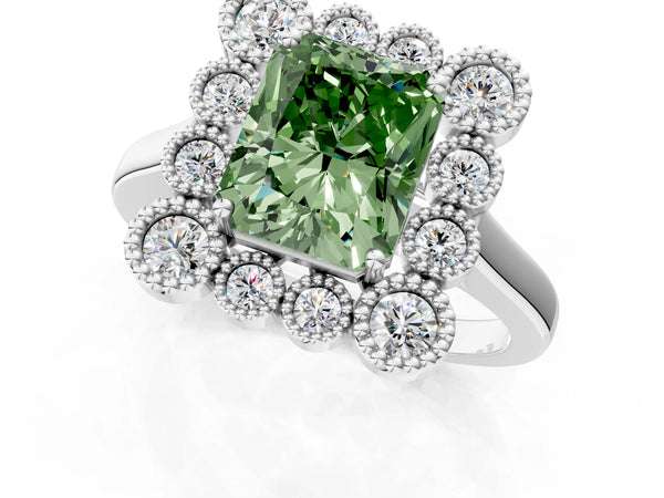Platinum Fancy Green Radiant  Halo Diamond Cluster Engagement Ring with Milgrain Bezel Setting and Solitaire Band