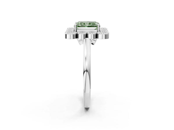 Platinum Fancy Green Radiant  Halo Diamond Cluster Engagement Ring with Milgrain Bezel Setting and Solitaire Band