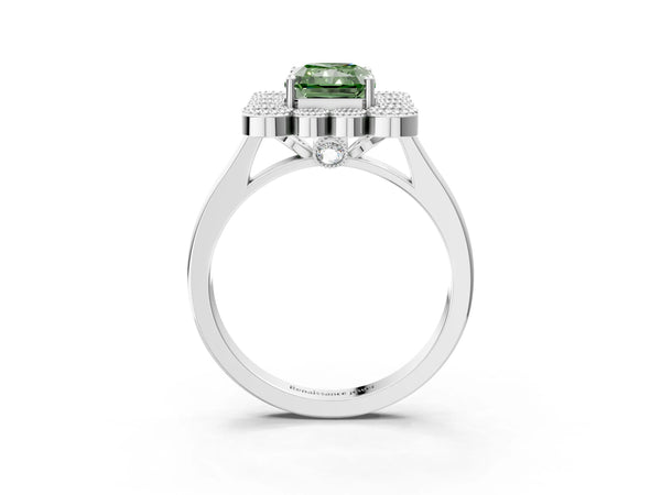 Platinum Fancy Green Radiant  Halo Diamond Cluster Engagement Ring with Milgrain Bezel Setting and Solitaire Band