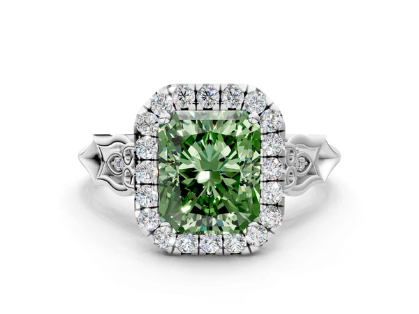 White gold Fancy Green Radiant  Halo Diamond Engagement Ring with Filigree Band and Four-Prong Setting