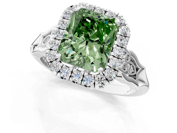 White gold Fancy Green Radiant  Halo Diamond Engagement Ring with Filigree Band and Four-Prong Setting