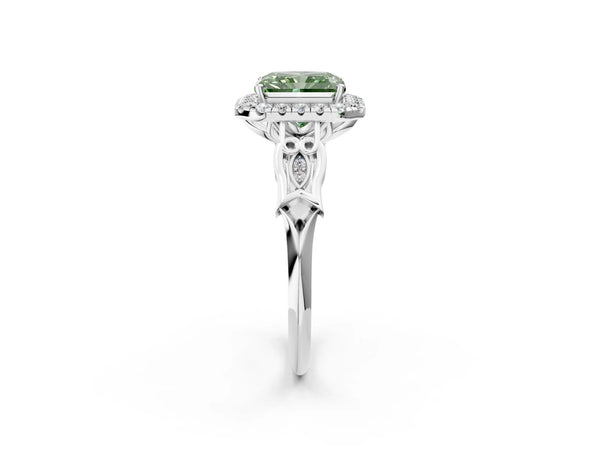 White gold Fancy Green Radiant  Halo Diamond Engagement Ring with Filigree Band and Four-Prong Setting