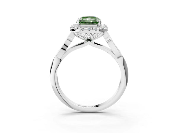 White gold Fancy Green Radiant  Halo Diamond Engagement Ring with Filigree Band and Four-Prong Setting
