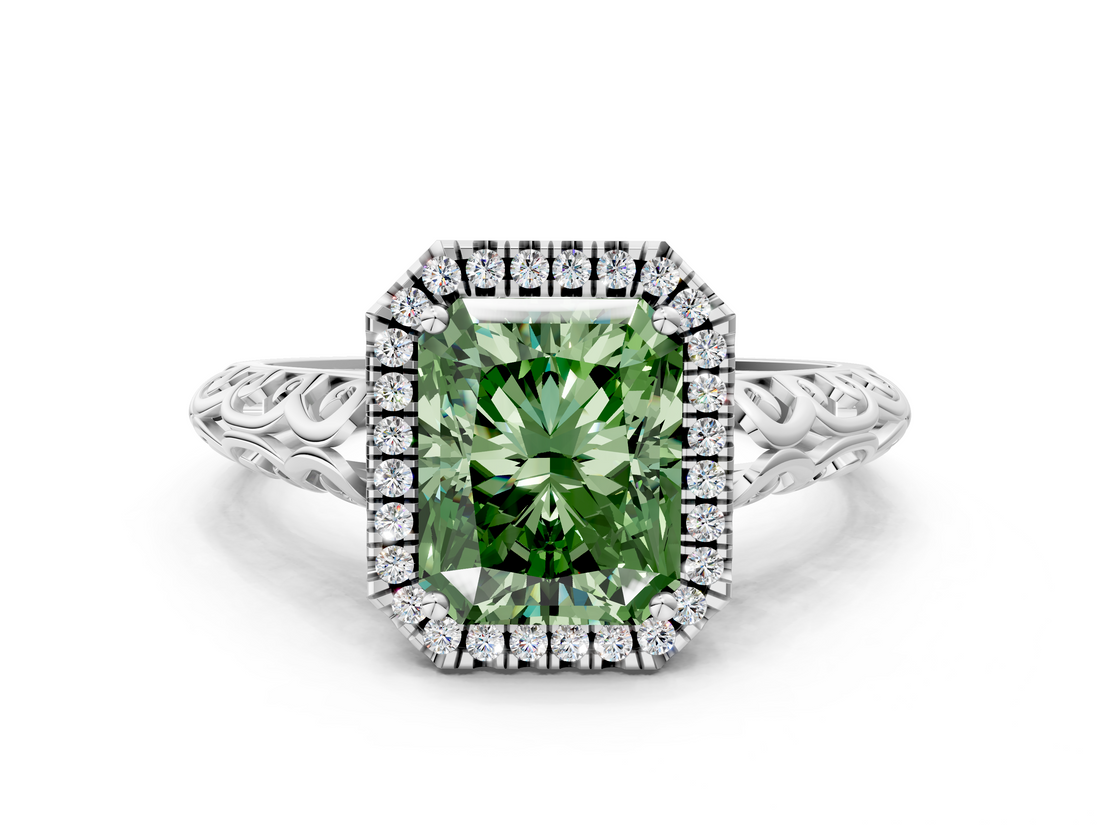 White gold Fancy Green Radiant  Halo Diamond Engagement Ring with Intricate Filigree Band and Four-Prong Setting_84