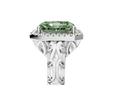 White gold Fancy Green Radiant  Halo Diamond Engagement Ring with Intricate Filigree Band and Four-Prong Setting_89