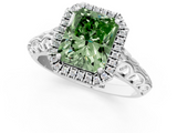 White gold Fancy Green Radiant  Halo Diamond Engagement Ring with Intricate Filigree Band and Four-Prong Setting_96