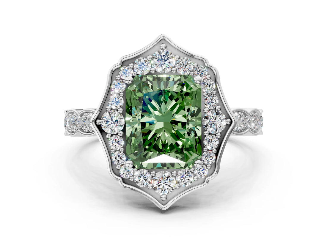 White gold Fancy Green Radiant  Halo Diamond Engagement Ring with Milgrain Band and Four-Prong Setting_66