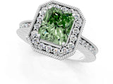 White gold Fancy Green Radiant  Halo Diamond Engagement Ring with Milgrain Pave Band and Four-Prong Setting_100