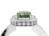 White gold Fancy Green Radiant  Halo Diamond Engagement Ring with Milgrain Pave Band and Four-Prong Setting_103