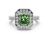 White gold Fancy Green Radiant  Halo Diamond Engagement Ring with Milgrain Pave Band and Four-Prong Setting_99