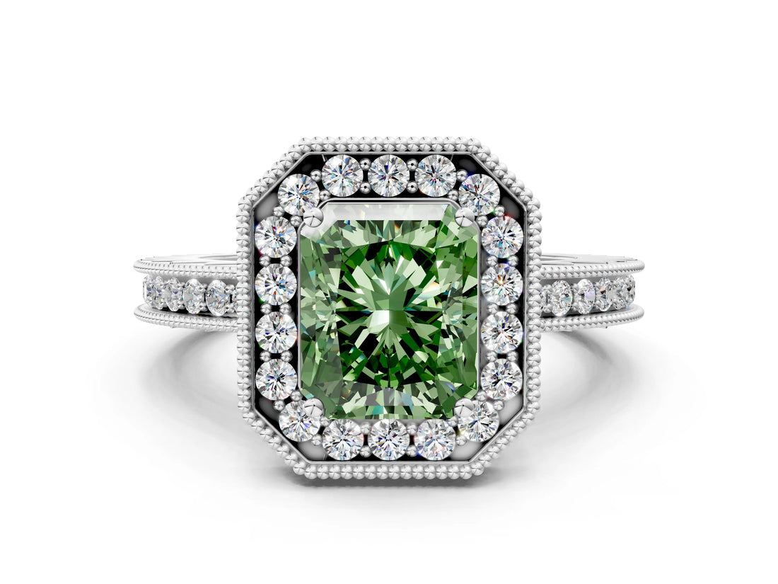White gold Fancy Green Radiant  Halo Diamond Engagement Ring with Milgrain Pave Band and Four-Prong Setting_99