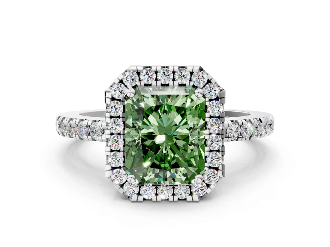 White gold Fancy Green Radiant  Halo Diamond Engagement Ring with Pavé Band and Four-Prong Setting_87