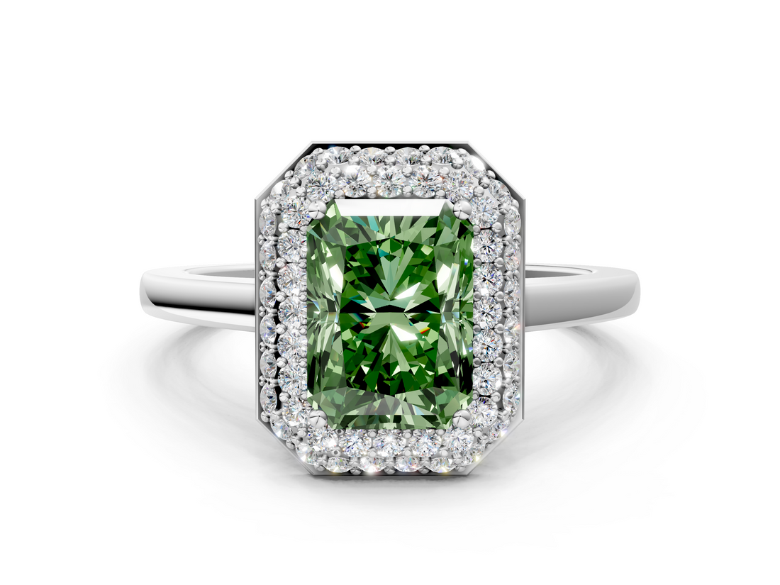 White gold Fancy Green Radiant  Halo Diamond Engagement Ring with Solitaire Band and Four-Prong Setting_37