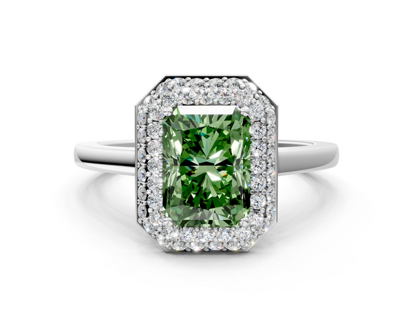 White gold Fancy Green Radiant  Halo Diamond Engagement Ring with Solitaire Band and Four-Prong Setting