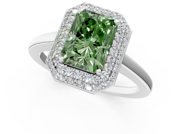 White gold Fancy Green Radiant  Halo Diamond Engagement Ring with Solitaire Band and Four-Prong Setting