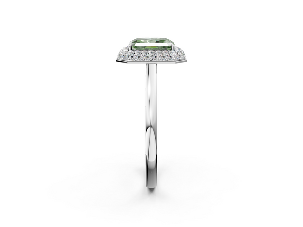 White gold Fancy Green Radiant  Halo Diamond Engagement Ring with Solitaire Band and Four-Prong Setting
