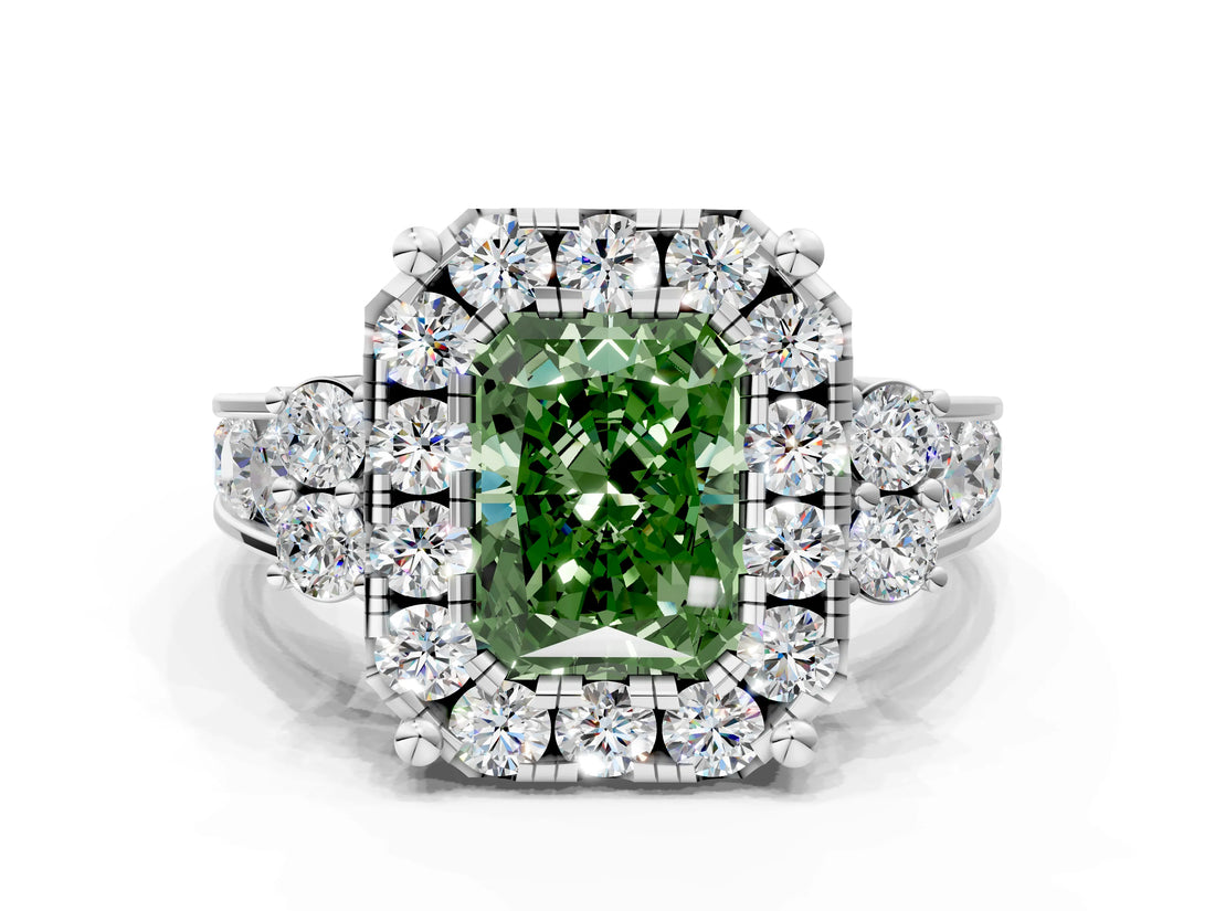 White gold Fancy Green Radiant  Halo Diamond Engagement Ring with Split Shank and Four-Prong Setting_55