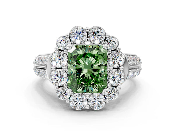 Platinum Fancy Green Radiant  Halo Diamond Engagement Ring with Split Shank and Prong Setting