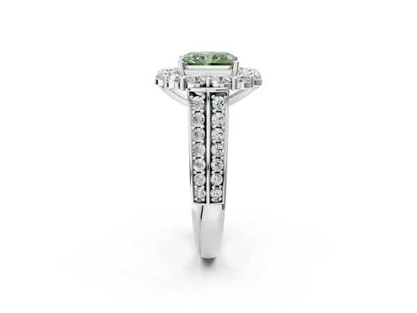 Platinum Fancy Green Radiant  Halo Diamond Engagement Ring with Split Shank and Prong Setting