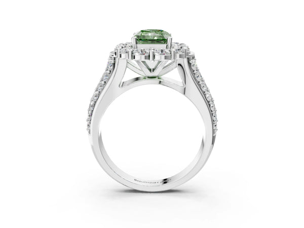 Platinum Fancy Green Radiant  Halo Diamond Engagement Ring with Split Shank and Prong Setting