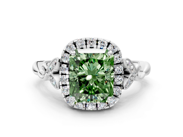 White gold Fancy Green Radiant  Halo Diamond Engagement Ring with Vintage-Inspired Band and Four-Prong Setting