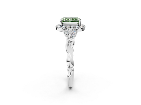 White gold Fancy Green Radiant  Halo Diamond Engagement Ring with Vintage-Inspired Band and Four-Prong Setting