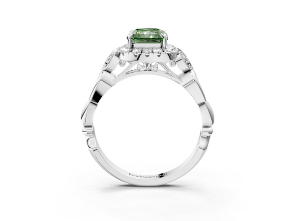 White gold Fancy Green Radiant  Halo Diamond Engagement Ring with Vintage-Inspired Band and Four-Prong Setting