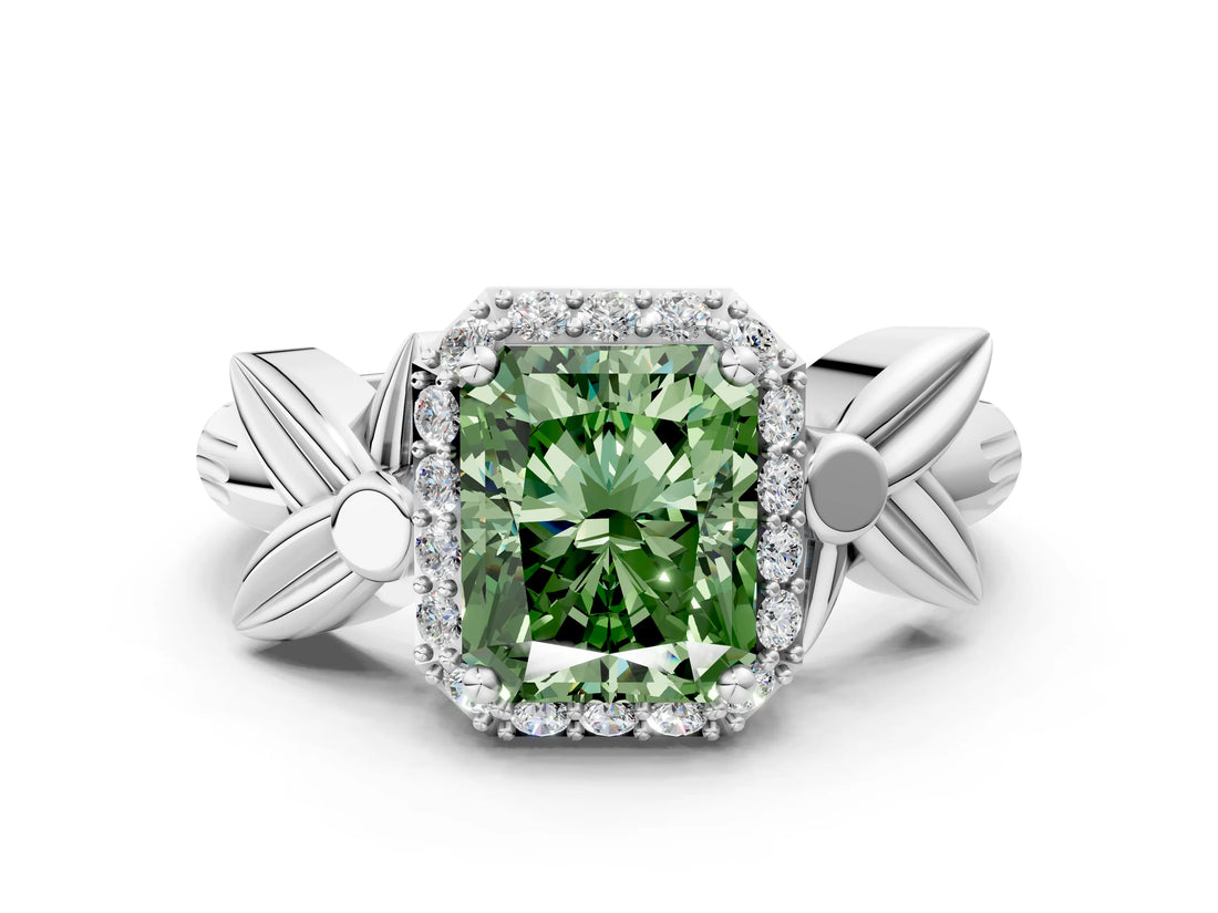 White gold Fancy Green Radiant  Halo Diamond Floral Band with Four-Prong Setting_55