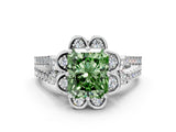 White gold Fancy Green Radiant  Halo Diamond Floral Split Shank Engagement Ring 1