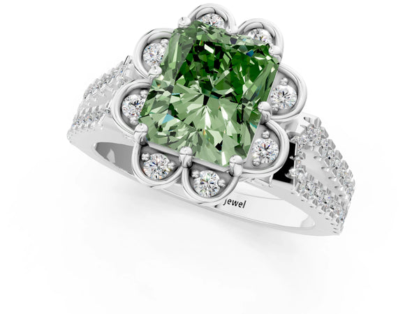 White gold Fancy Green Radiant  Halo Diamond Floral Split Shank Engagement Ring